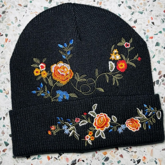 Accessories - Floral Embroidered Black Beanie
